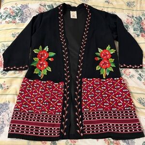 Black Embroidered Open-Front Cardigan with Red Floral Accents from Thailand